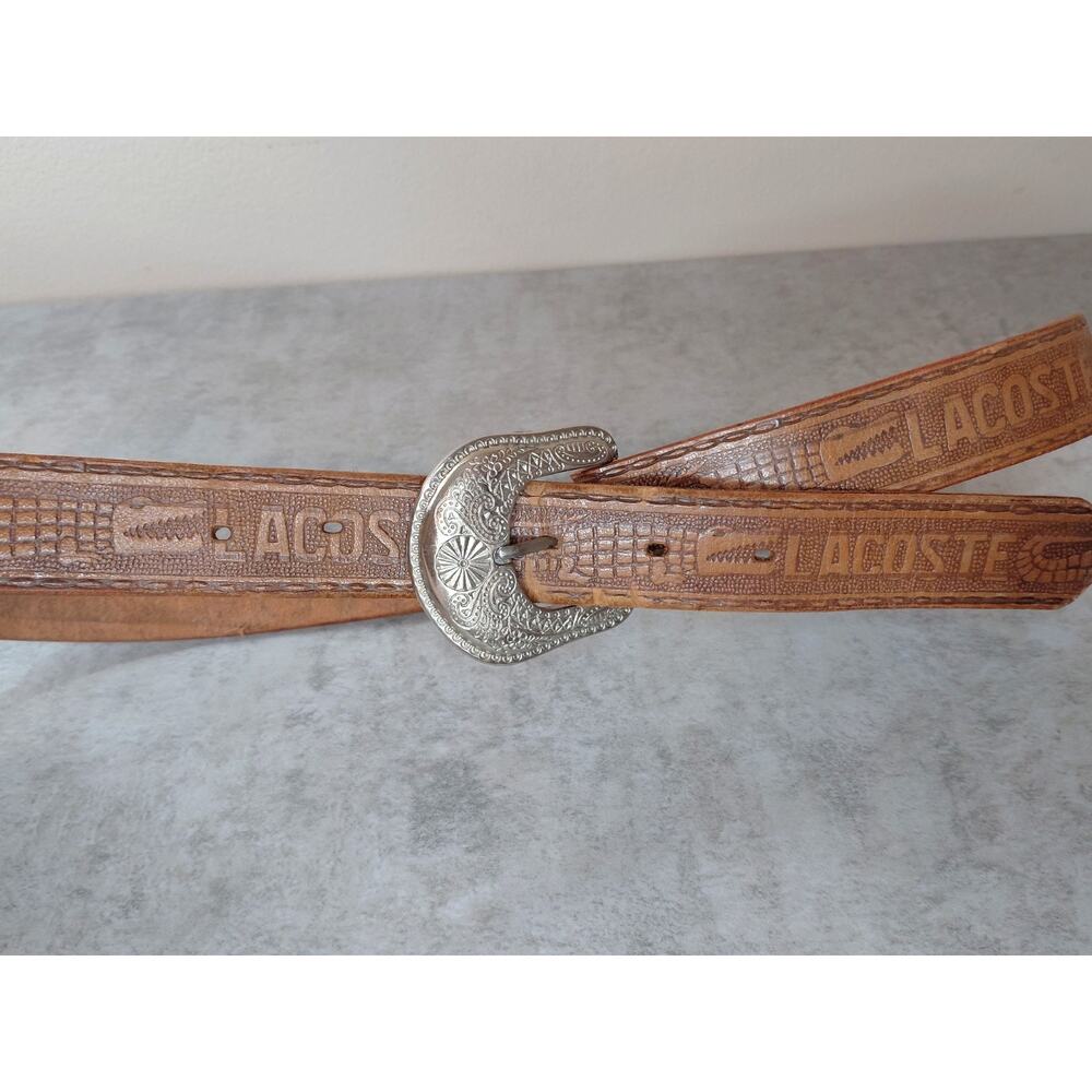 Vintage Lacoste Tooled Leather Western Belt Brown Croc Embossed Silver Buckle 38 - Picture 2 of 16
